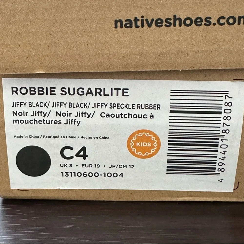 Native Robbie Sugarlite Slip-On Shoe Black Size 4 Kids, Waterproof, Outdoor, New